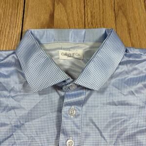 Collars and Co Mens L Tall Performance Dress Collar Golf Polo Shirt Blue Gingham